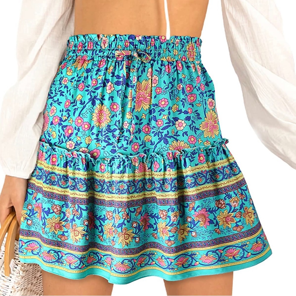 Turquoise blue bohemian floral print skirt.